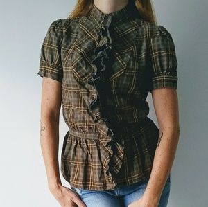 Lucky Brand plaid ruffled button down peplum top